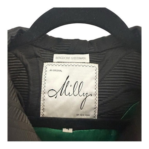 Milly Vintage Textured Black Jacquard Coat Green Lining 3/4 Sleeve Luxury Size 4 - Picture 7 of 15